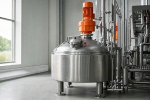 Roestvaststalen mengvat voor hoge en lage viscositeit in mengprocessen, met oranje aandrijving en zichtbaar leidingwerk.