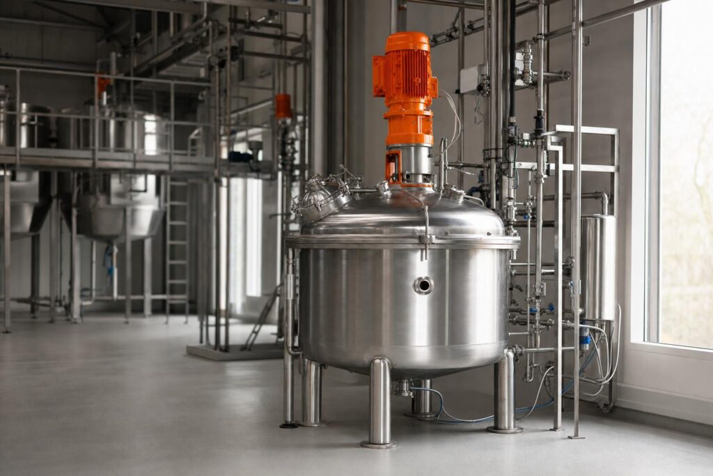 Mengvat en leidingwerk voor procestijd RMC dispergeer machine versus roerwerk technologie in een productieruimte.
