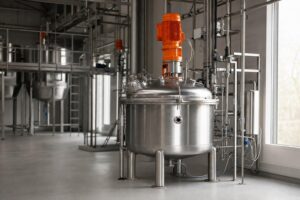 Mengvat en leidingwerk voor procestijd RMC dispergeer machine versus roerwerk technologie in een productieruimte.